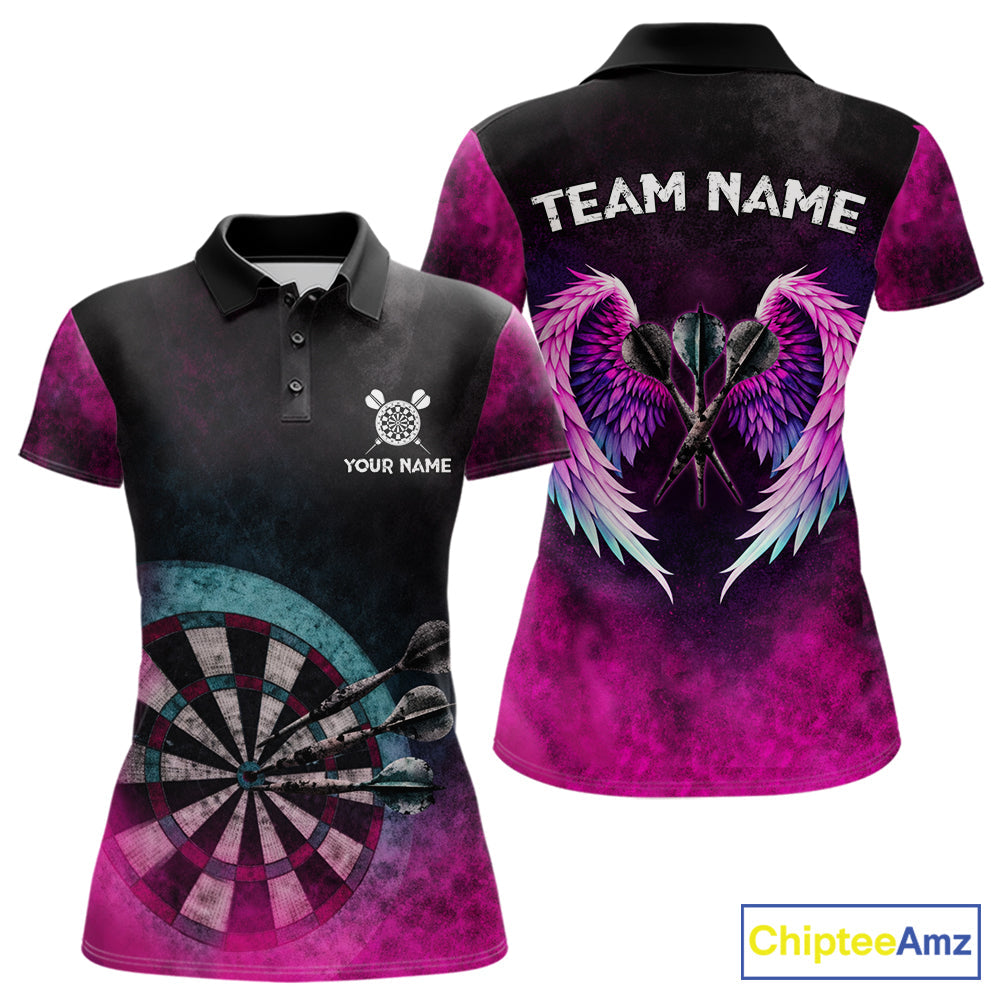 Blue & Pink Tie Dye Grunge Darts Polo Shirts Custom Wings Dartboard Team Jerseys