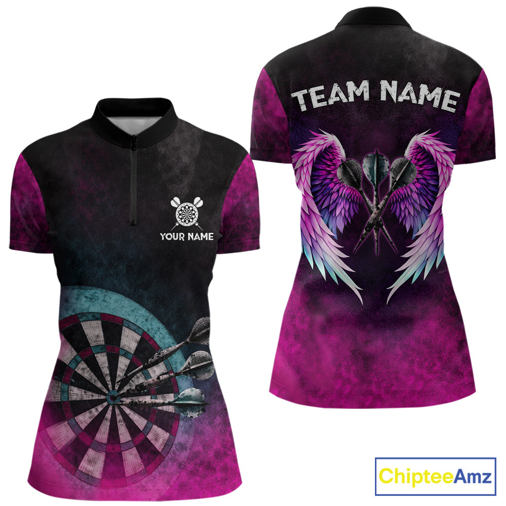 Blue & Pink Tie Dye Grunge Darts 1/4-Zip Shirts Custom Wings Dartboard Team Jerseys