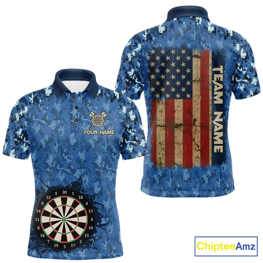 Custom Patriotic Dart Polo 1/4-Zip Shirt Blue Camo US Flag Dartboard Retro Darts Team Jersey