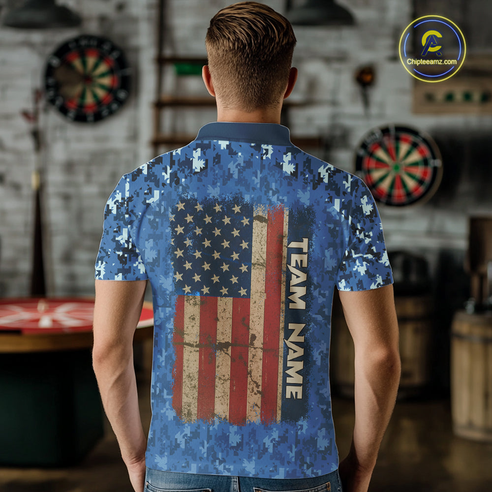 Custom Patriotic Dart Polo 1/4-Zip Shirt Blue Camo US Flag Dartboard Retro Darts Team Jersey