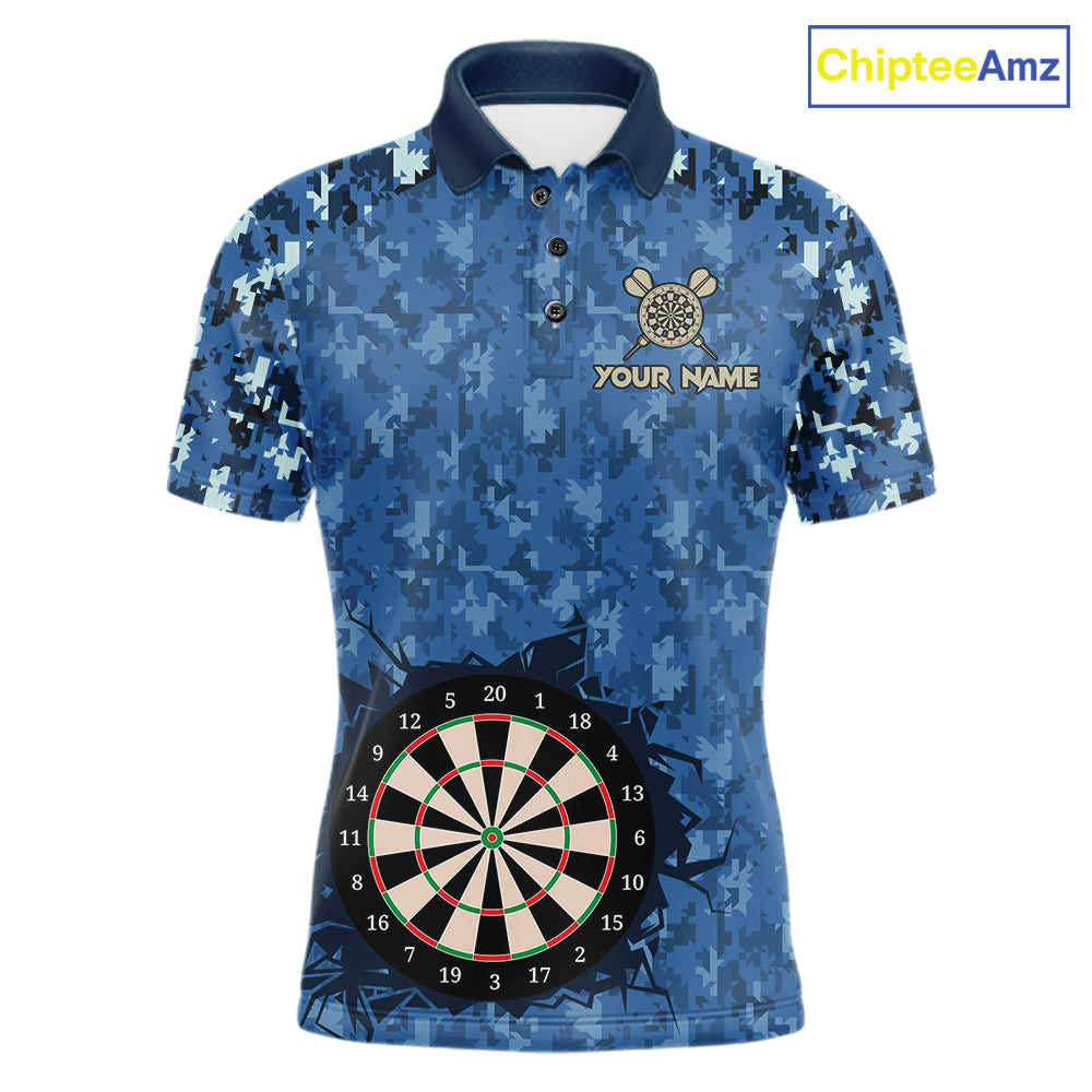 Custom Patriotic Dart Polo 1/4-Zip Shirt Blue Camo US Flag Dartboard Retro Darts Team Jersey
