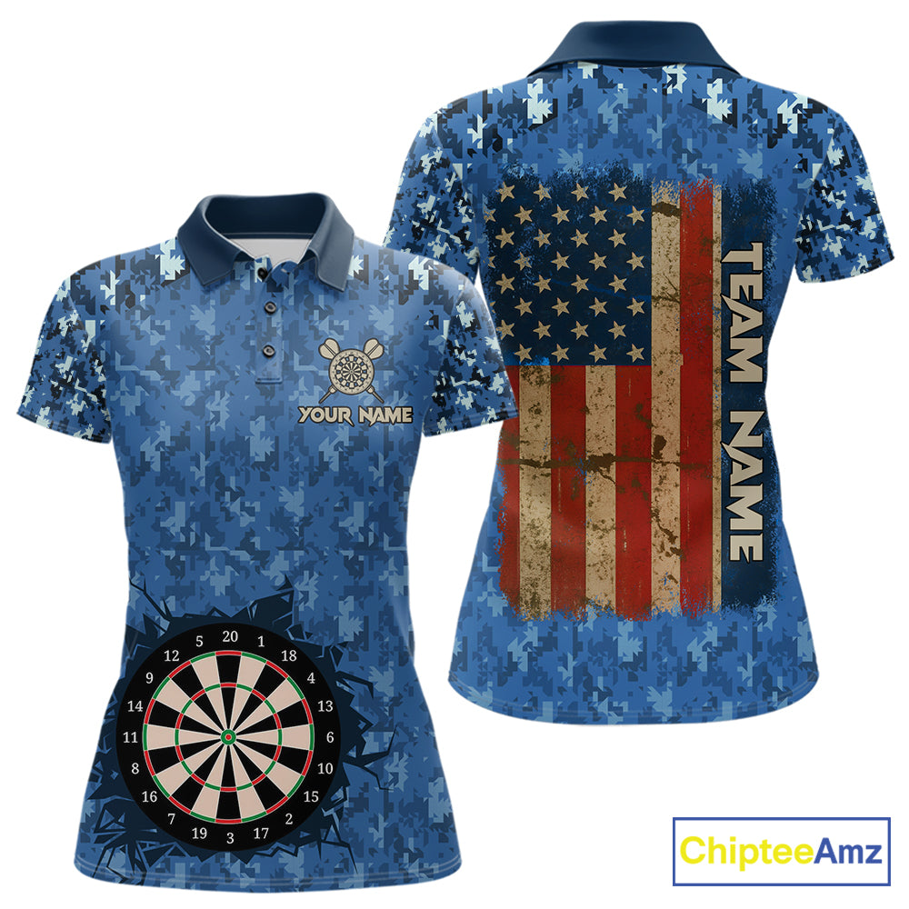 Custom Patriotic Dart Polo 1/4-Zip Shirt Blue Camo US Flag Dartboard Retro Darts Team Jersey