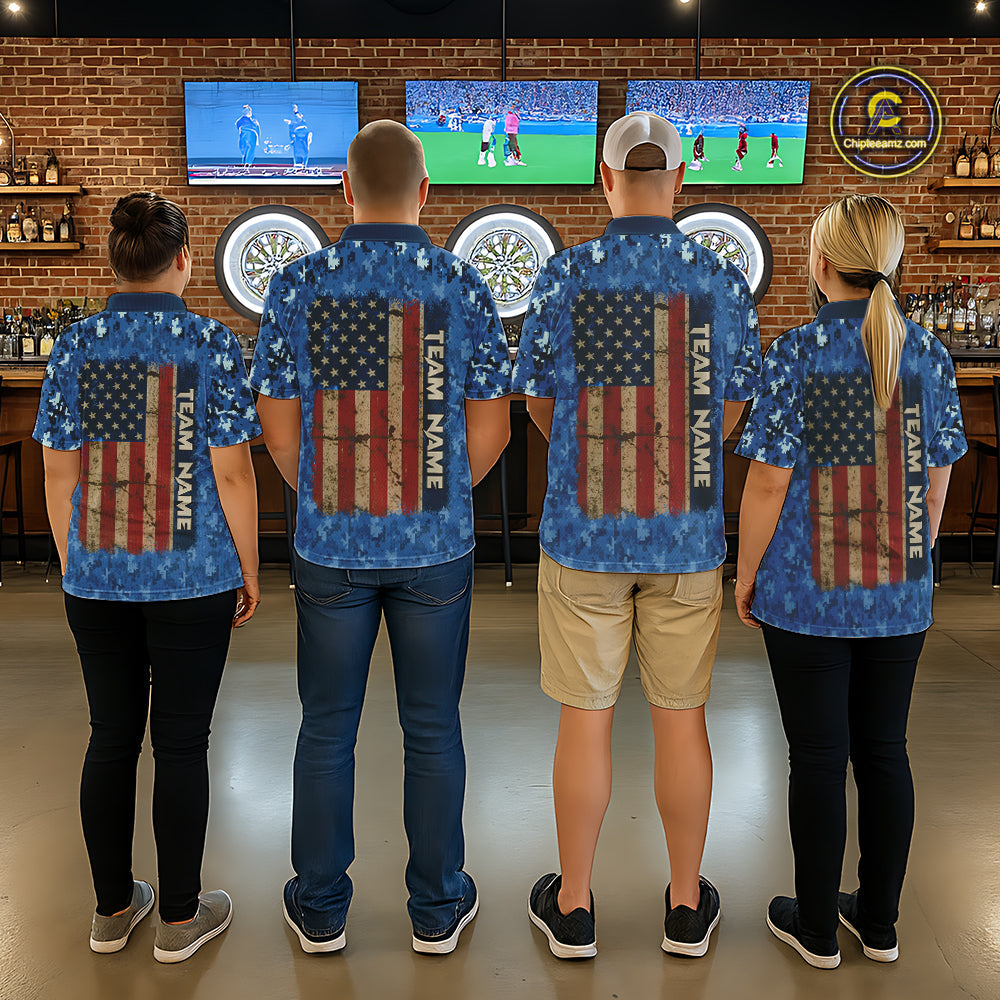 Custom Patriotic Dart Polo 1/4-Zip Shirt Blue Camo US Flag Dartboard Retro Darts Team Jersey