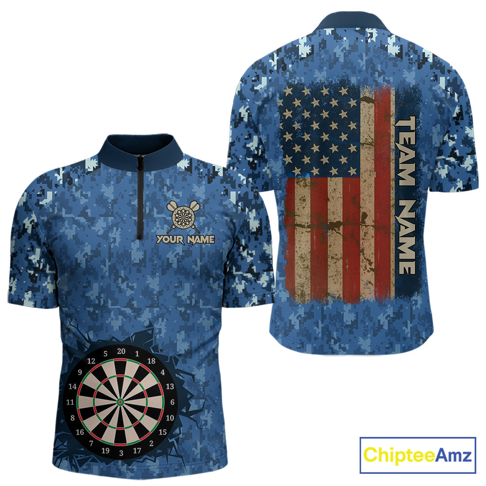 Custom Patriotic Dart Polo 1/4-Zip Shirt Blue Camo US Flag Dartboard Retro Darts Team Jersey