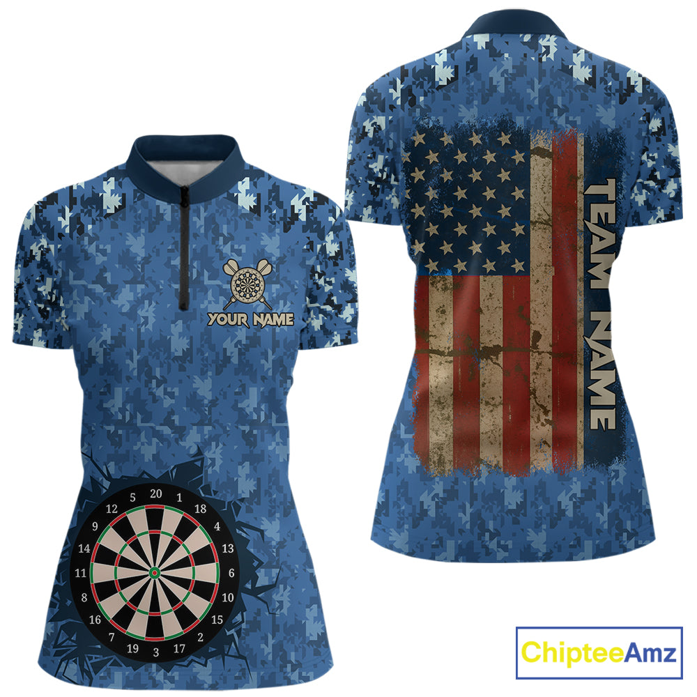 Custom Patriotic Dart Polo 1/4-Zip Shirt Blue Camo US Flag Dartboard Retro Darts Team Jersey