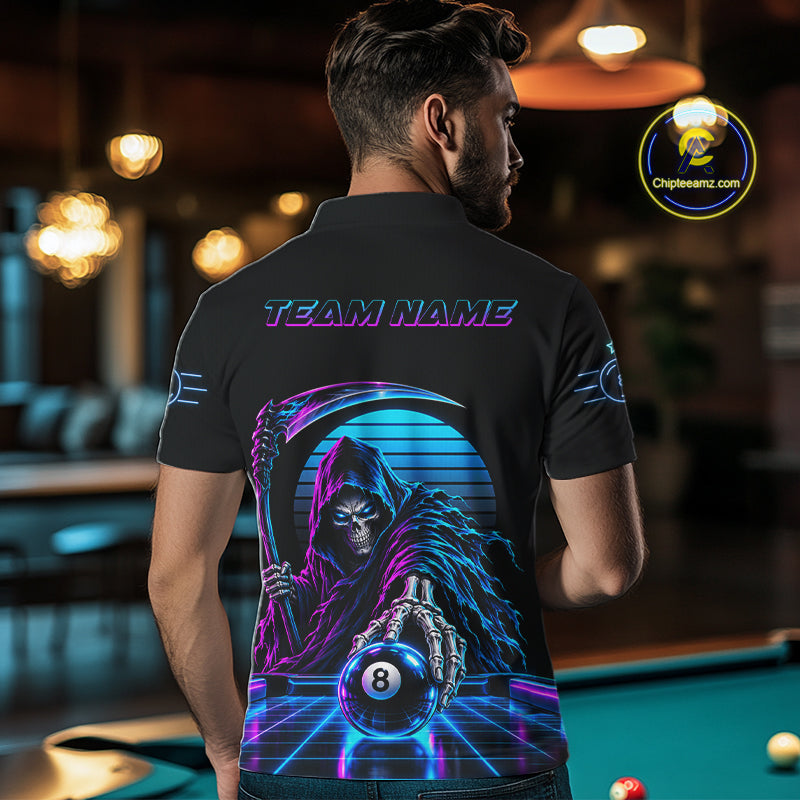 Personalized Vintage Neon Grim Reaper Billiard Polo 1/4-Zip Custom 8 Ball Pool Billiard Shirt