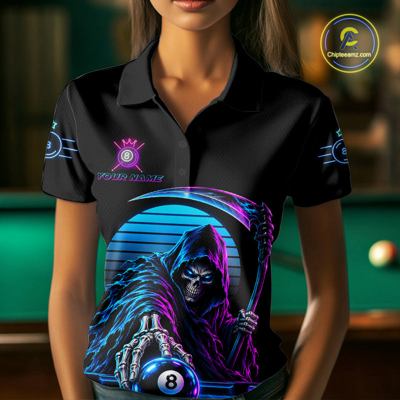 Personalized Vintage Neon Grim Reaper Billiard Polo 1/4-Zip Custom 8 Ball Pool Billiard Shirt