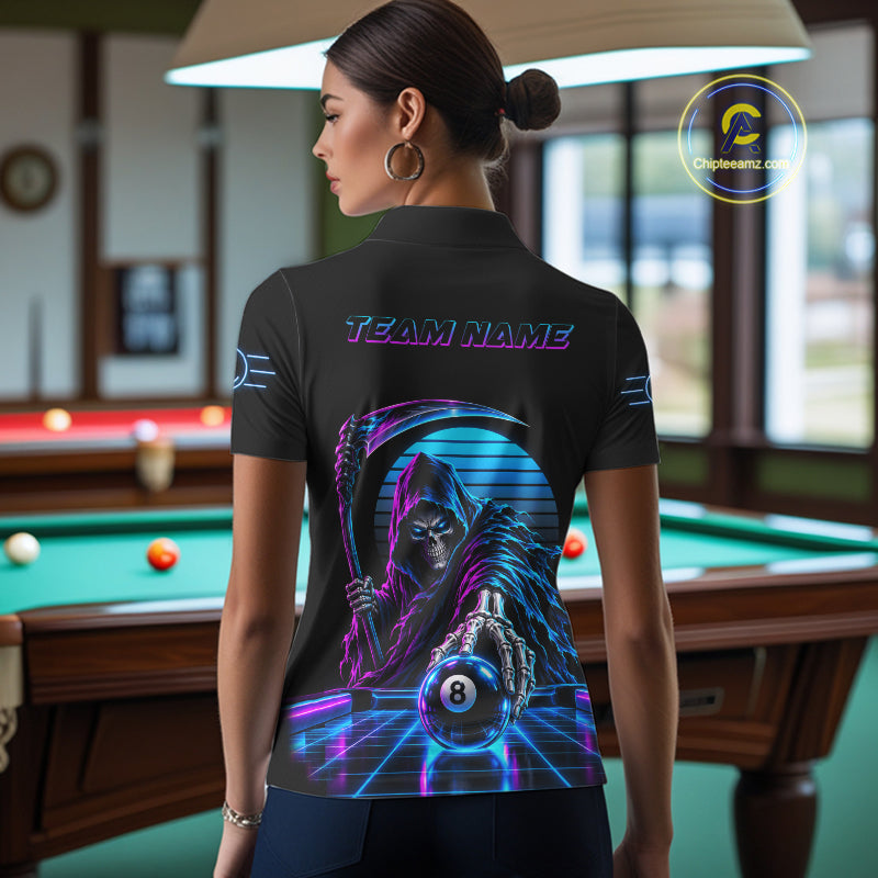 Personalized Vintage Neon Grim Reaper Billiard Polo 1/4-Zip Custom 8 Ball Pool Billiard Shirt