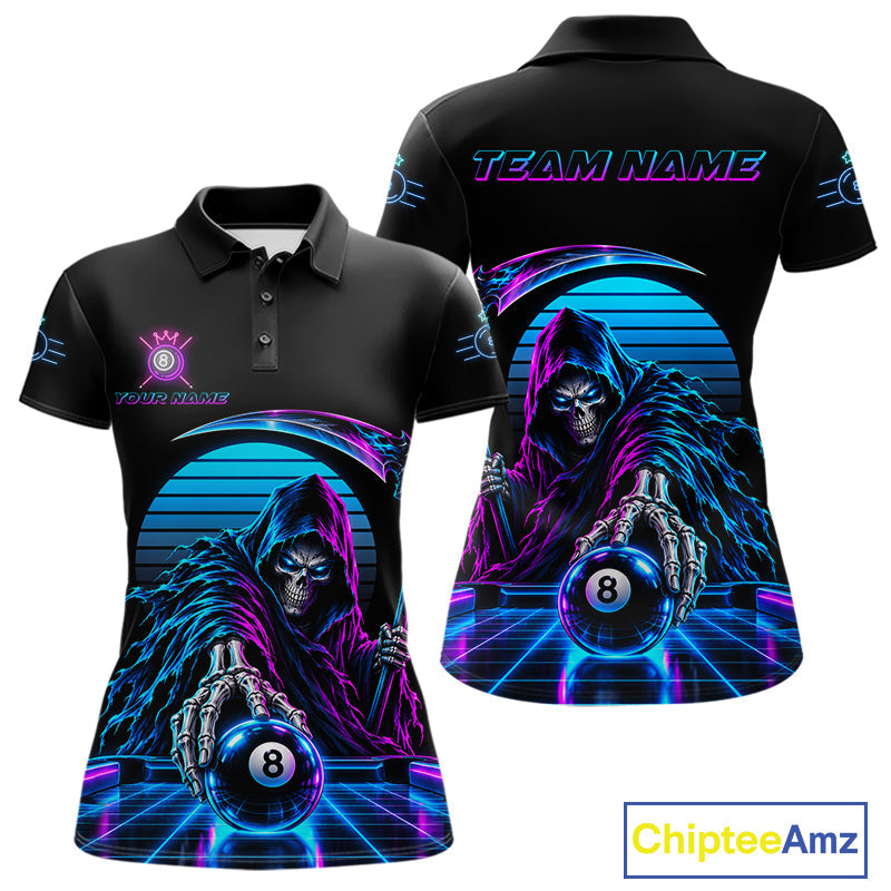 Personalized Vintage Neon Grim Reaper Billiard Polo 1/4-Zip Custom 8 Ball Pool Billiard Shirt