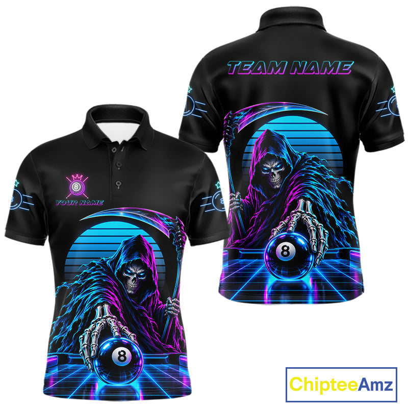 Personalized Vintage Neon Grim Reaper Billiard Polo 1/4-Zip Custom 8 Ball Pool Billiard Shirt