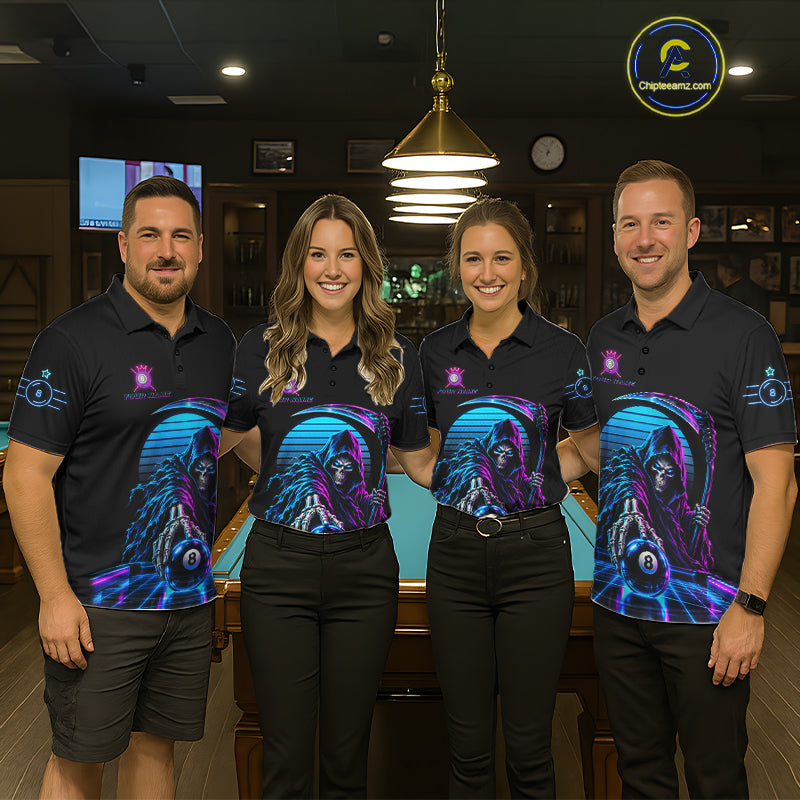 Personalized Vintage Neon Grim Reaper Billiard Polo 1/4-Zip Custom 8 Ball Pool Billiard Shirt