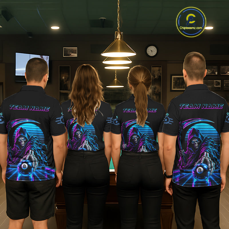 Personalized Vintage Neon Grim Reaper Billiard Polo 1/4-Zip Custom 8 Ball Pool Billiard Shirt