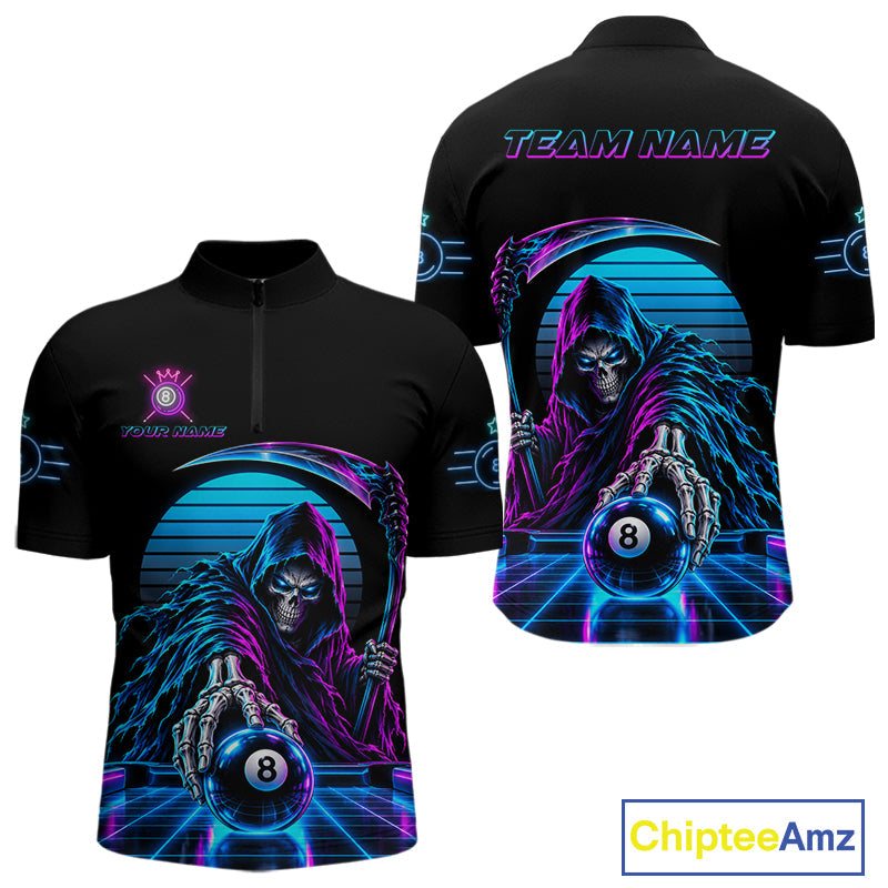 Personalized Vintage Neon Grim Reaper Billiard Polo 1/4-Zip Custom 8 Ball Pool Billiard Shirt