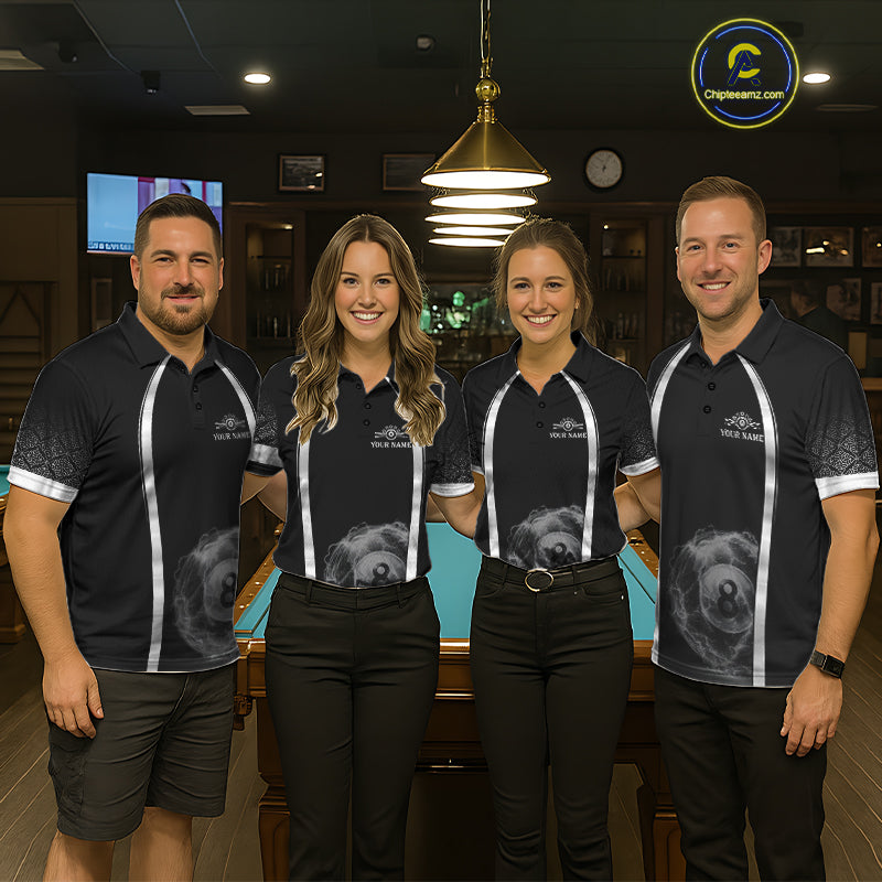 Black & Silver Thunder Lightning White 8 Ball Billiard Jerseys Custom Billiard Team Shirt