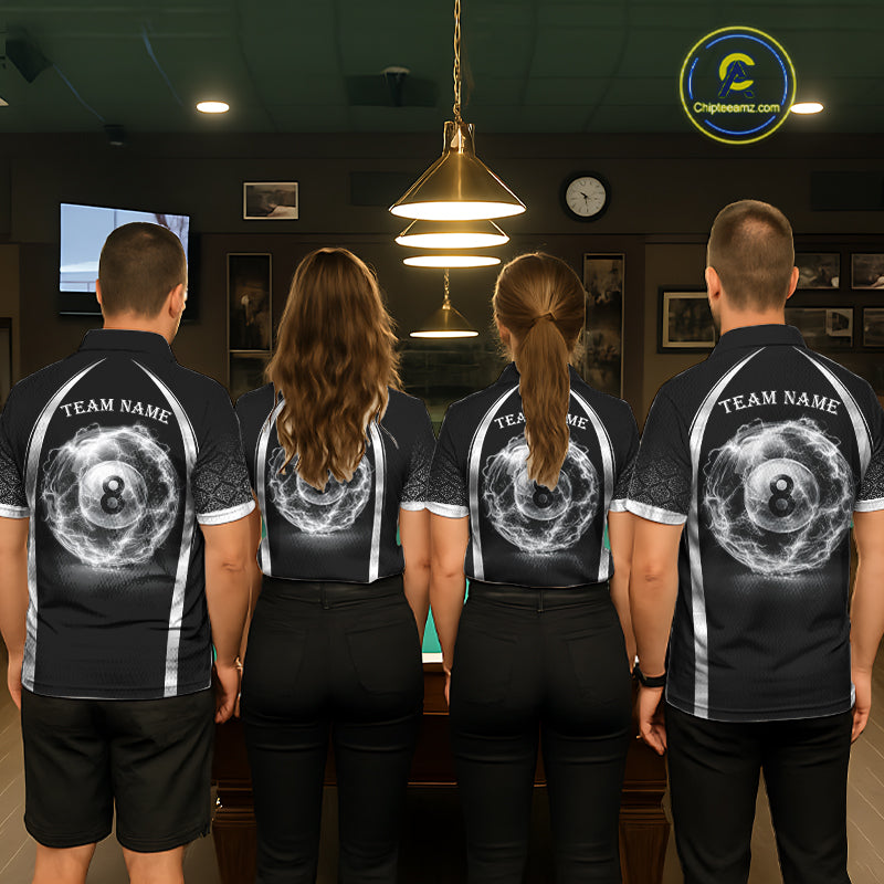 Black & Silver Thunder Lightning White 8 Ball Billiard Jerseys Custom Billiard Team Shirt