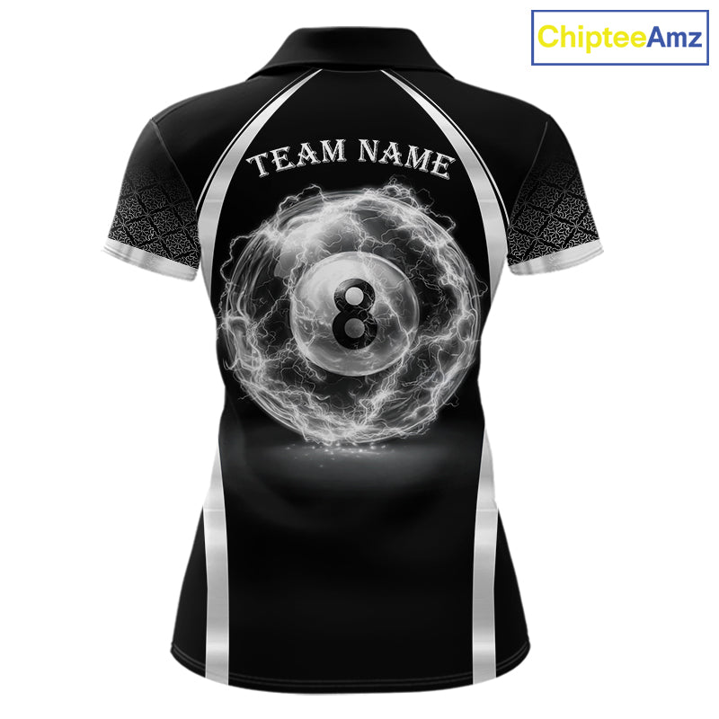 Black & Silver Thunder Lightning White 8 Ball Billiard Jerseys Custom Billiard Team Shirt