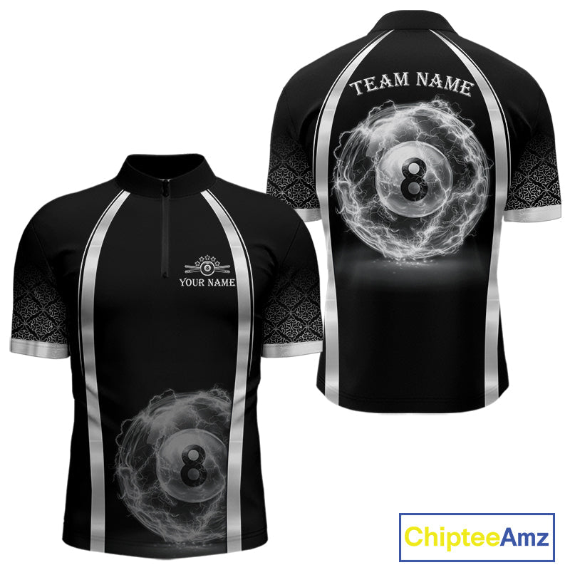 Black & Silver Thunder Lightning White 8 Ball Billiard Jerseys Custom Billiard Team Shirt