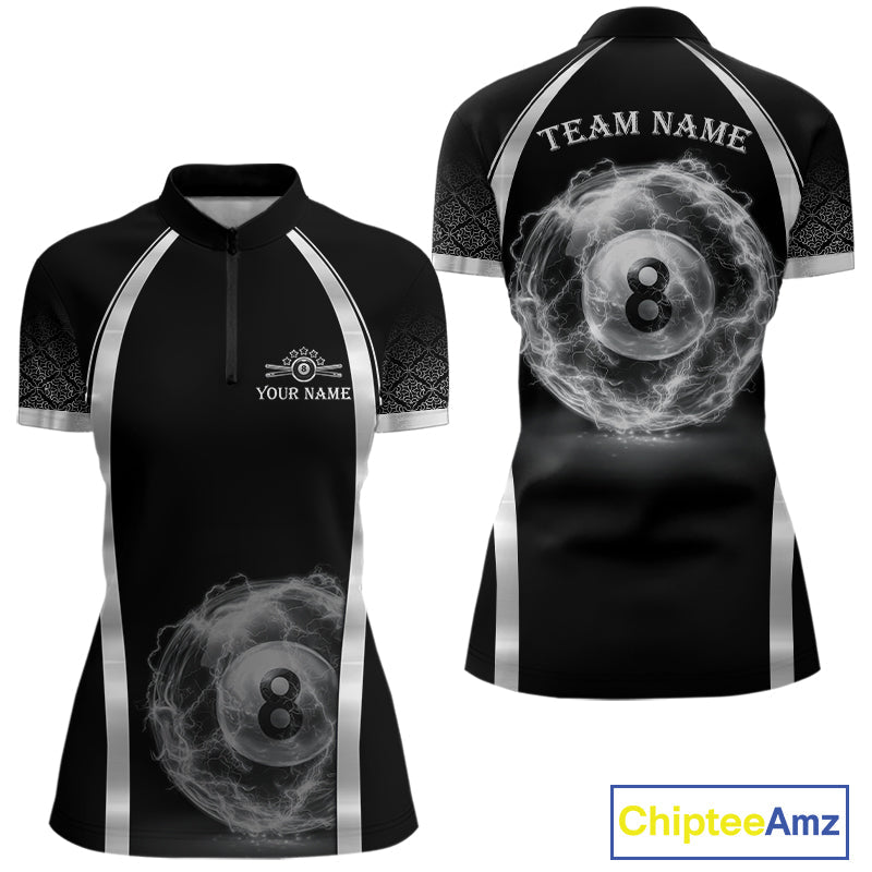Black & Silver Thunder Lightning White 8 Ball Billiard Jerseys Custom Billiard Team Shirt