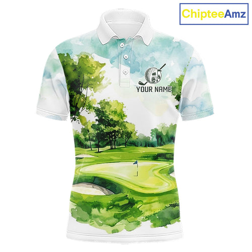 Golf Polo Shirts Personalized Green Watercolor Golf Course Matching Couples Golf Shirts