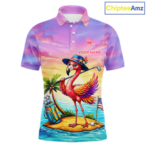 Funny Flamingo Island Golf Ball Golf Polo Shirts Custom Tropical Flamingo Golf Attire