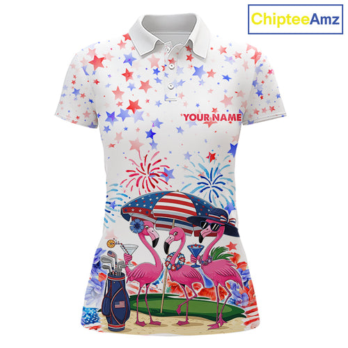 American Flag Golf Polo Shirts Custom Patriotic Pink Flamingo White Golf Tournament Shirts