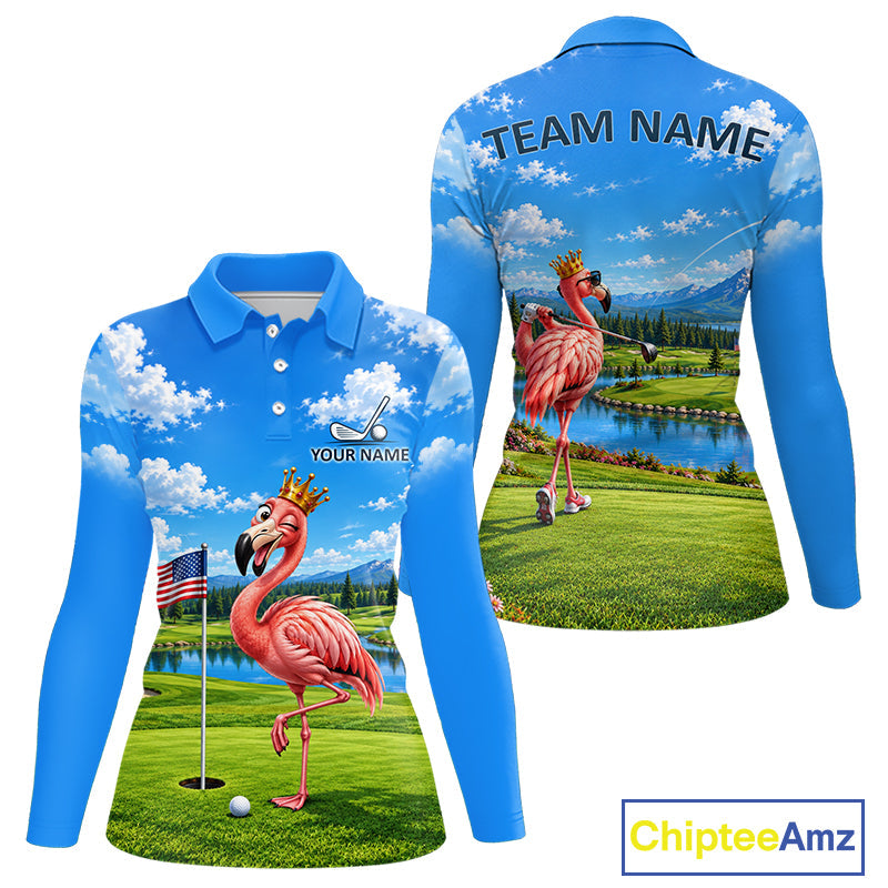 Crown Flamingo Golf Team Shirt Custom Funny Golf Polos Matching Couples Golf Shirts