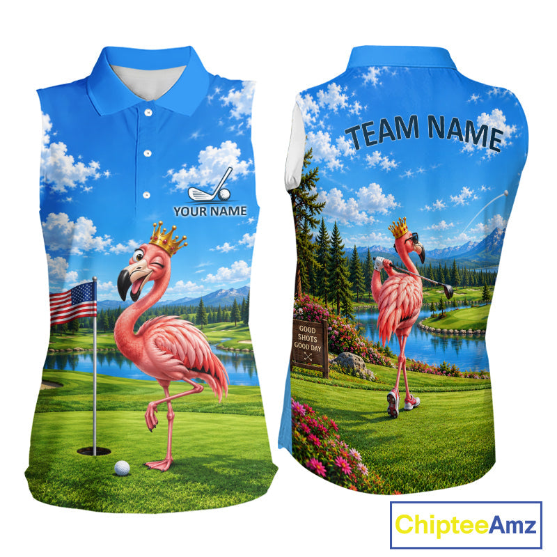 Crown Flamingo Golf Team Shirt Custom Funny Golf Sleeveless Polos Matching Couples Golf Shirts