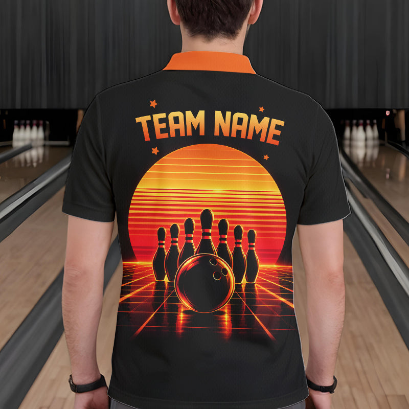 Personalized Sunset Bowling Polo 1/4-Zip Custom Retro Orange Bowling Tournament Team Shirt