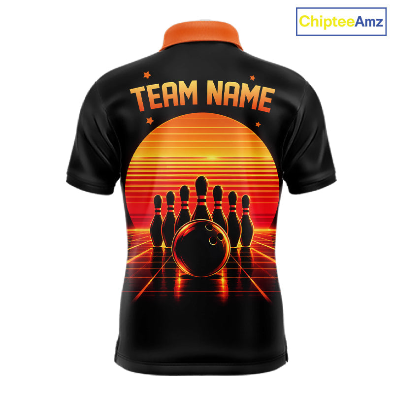 Personalized Sunset Bowling Polo 1/4-Zip Custom Retro Orange Bowling Tournament Team Shirt