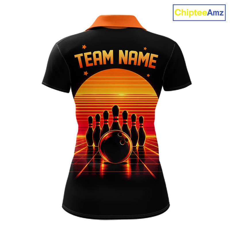 Personalized Sunset Bowling Polo 1/4-Zip Custom Retro Orange Bowling Tournament Team Shirt