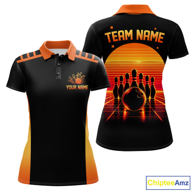 Personalized Sunset Bowling Polo 1/4-Zip Custom Retro Orange Bowling Tournament Team Shirt