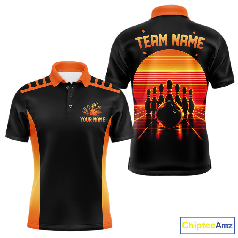 Personalized Sunset Bowling Polo 1/4-Zip Custom Retro Orange Bowling Tournament Team Shirt