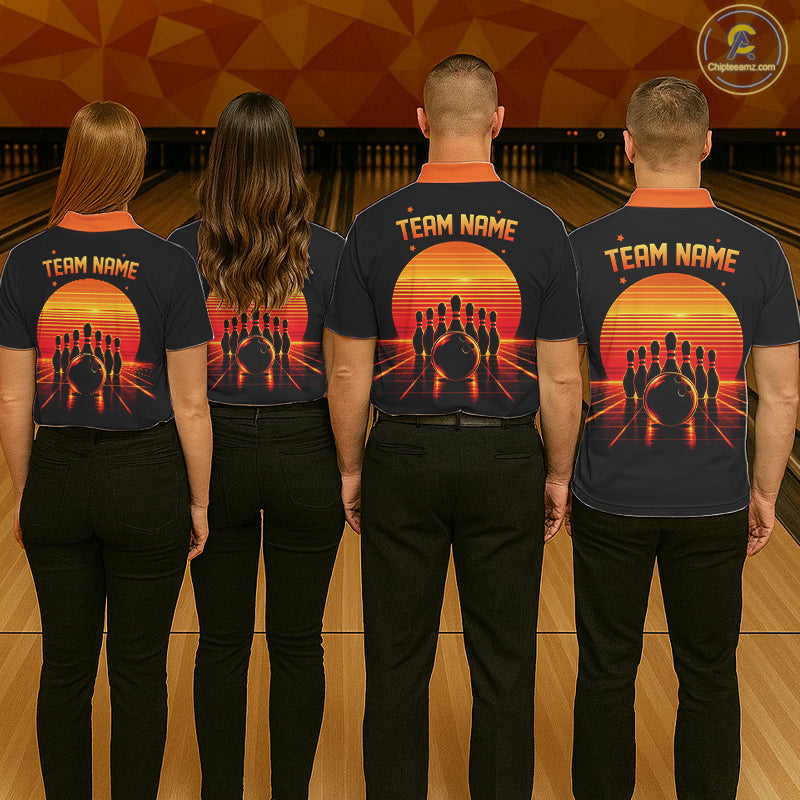 Personalized Sunset Bowling Polo 1/4-Zip Custom Retro Orange Bowling Tournament Team Shirt