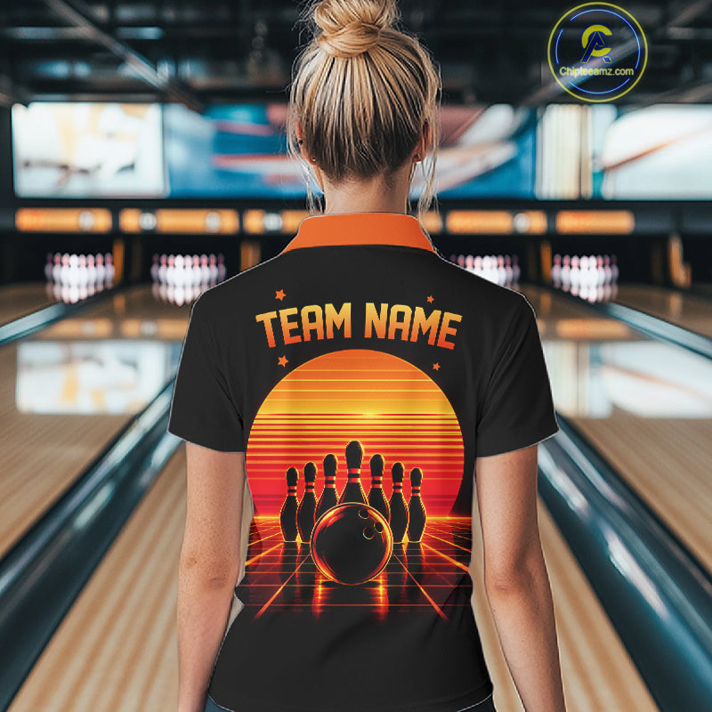 Personalized Sunset Bowling Polo 1/4-Zip Custom Retro Orange Bowling Tournament Team Shirt
