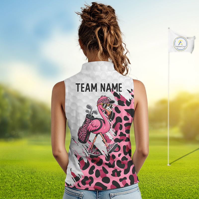 Camouflage Golf Sleeveless Polo Shirt Custom Pink Funny Flamingo Pattern White Golf Team Shirts