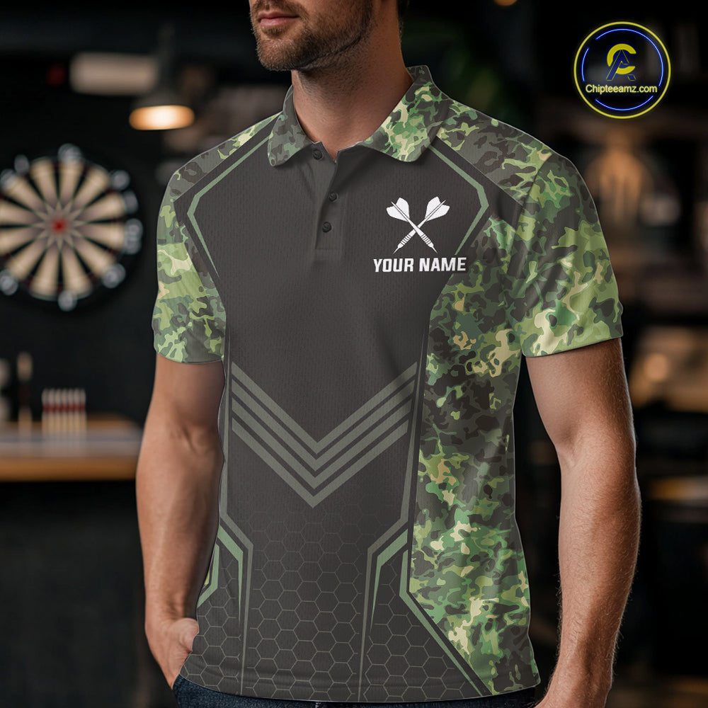 Green Grunge Camo Dart Shirt Custom Military Camo Dart Team Polo 1/4 Zip Jersey