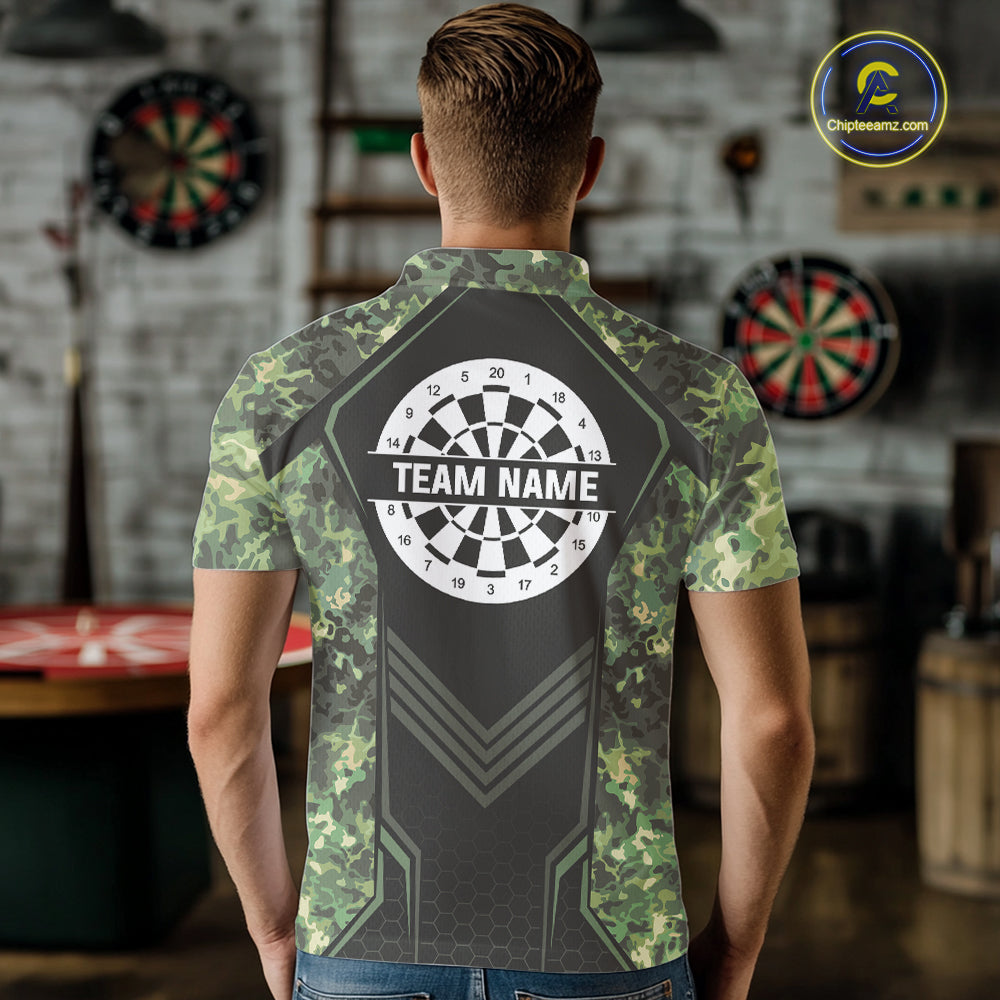 Green Grunge Camo Dart Shirt Custom Military Camo Dart Team Polo 1/4 Zip Jersey
