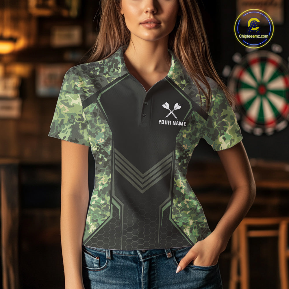 Green Grunge Camo Dart Shirt Custom Military Camo Dart Team Polo 1/4 Zip Jersey