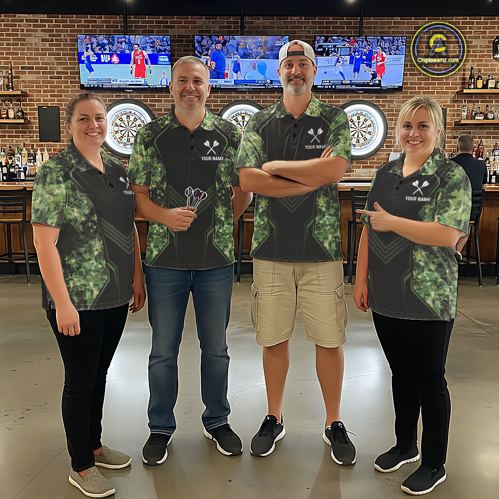 Green Grunge Camo Dart Shirt Custom Military Camo Dart Team Polo 1/4 Zip Jersey