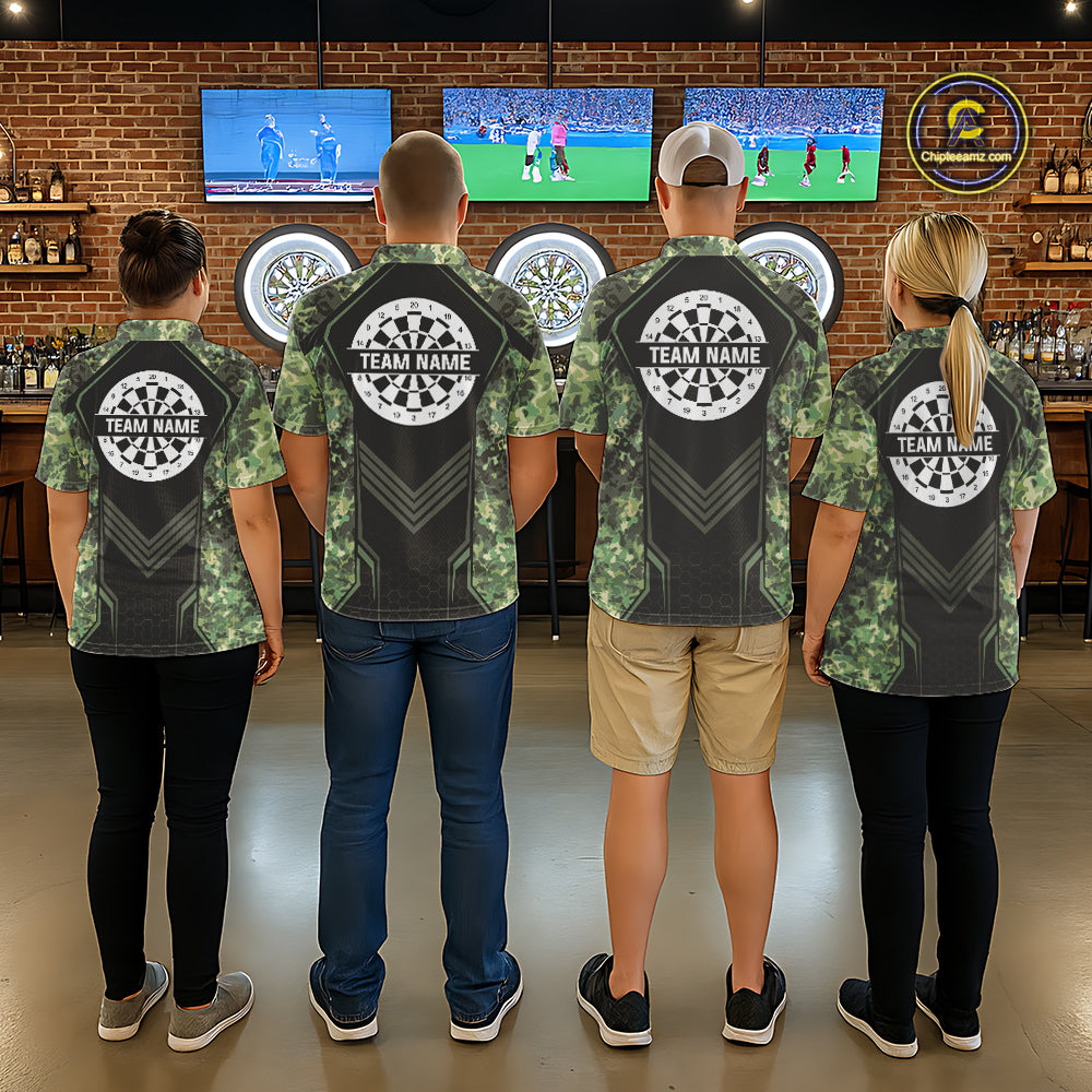 Green Grunge Camo Dart Shirt Custom Military Camo Dart Team Polo 1/4 Zip Jersey