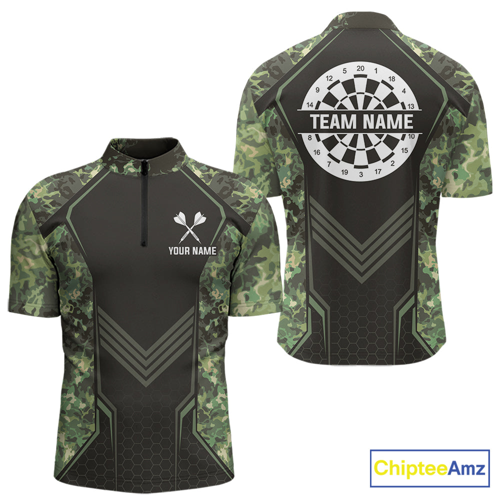 Green Grunge Camo Dart Shirt Custom Military Camo Dart Team Polo 1/4 Zip Jersey