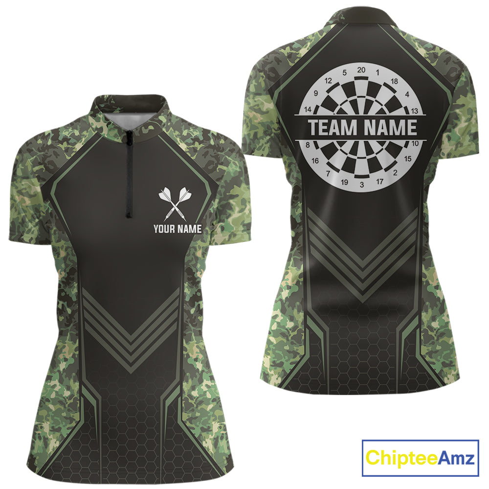Green Grunge Camo Dart Shirt Custom Military Camo Dart Team Polo 1/4 Zip Jersey