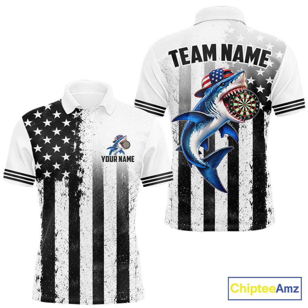 Custom Name American Flag Grunge Shark Dart Team Jersey Patriotic Funny Darts Shirt