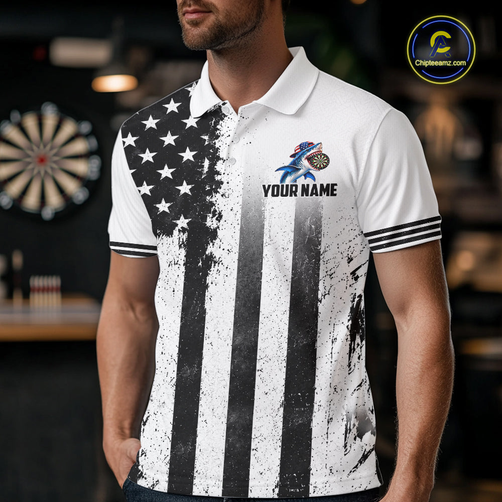 Custom Name American Flag Grunge Shark Dart Team Jersey Patriotic Funny Darts Shirt