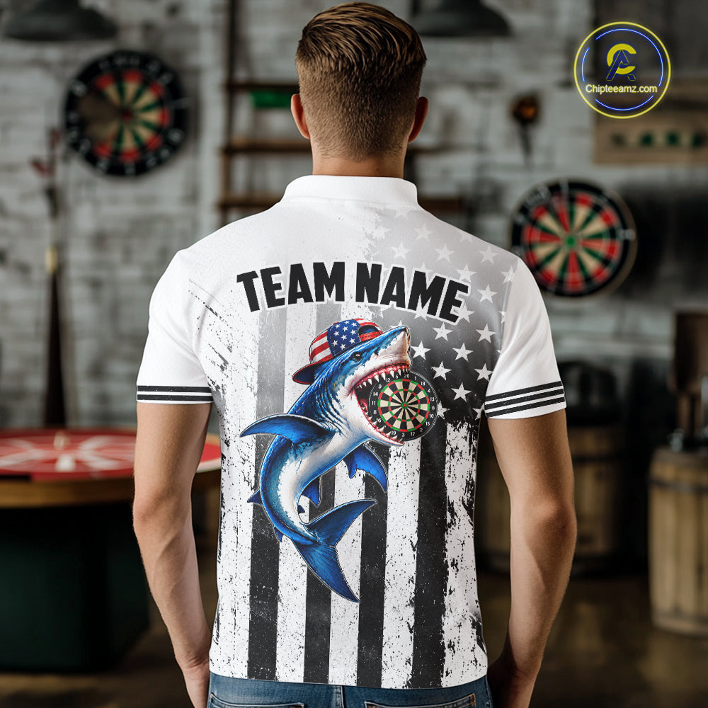 Custom Name American Flag Grunge Shark Dart Team Jersey Patriotic Funny Darts Shirt