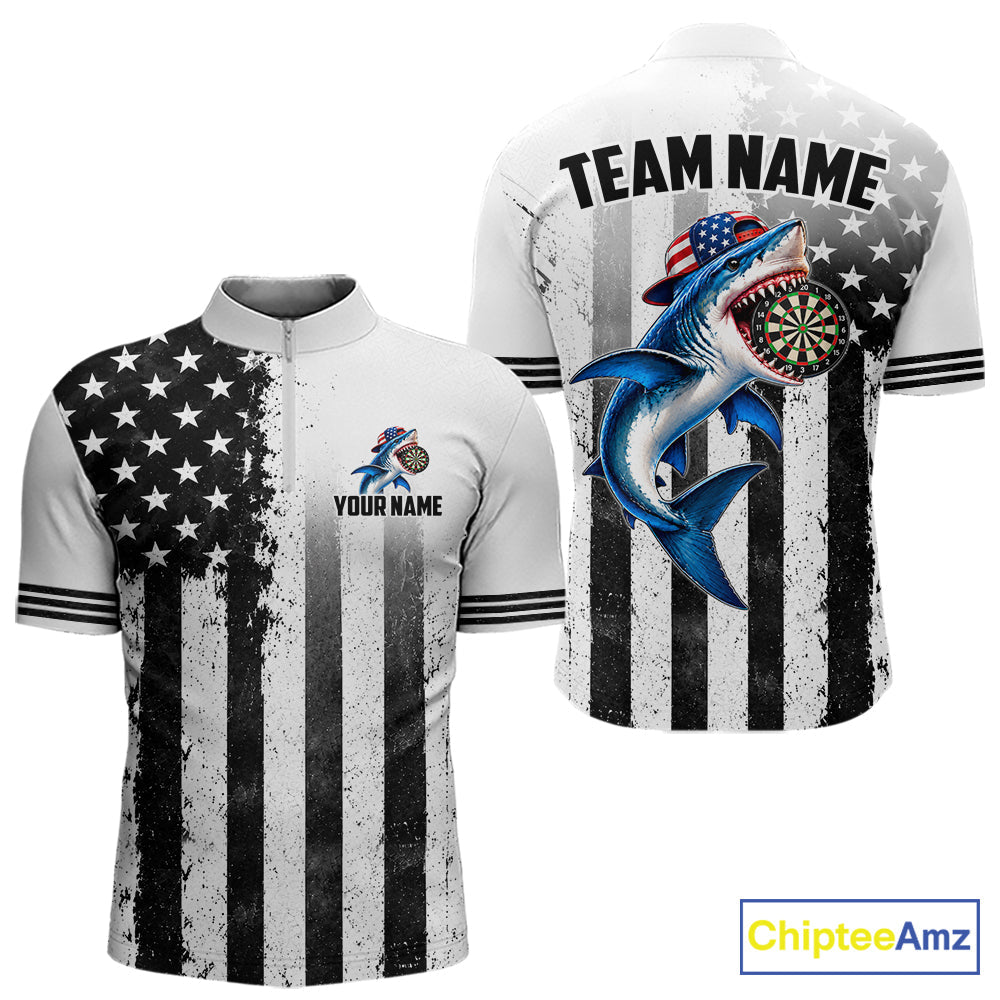Custom Name American Flag Grunge Shark Dart Team Jersey Patriotic Funny Darts Shirt