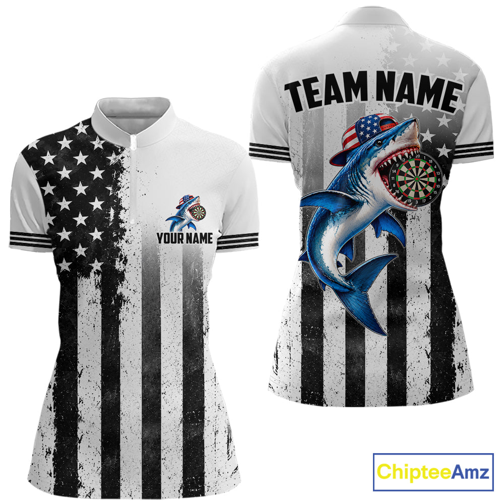 Custom Name American Flag Grunge Shark Dart Team Jersey Patriotic Funny Darts Shirt