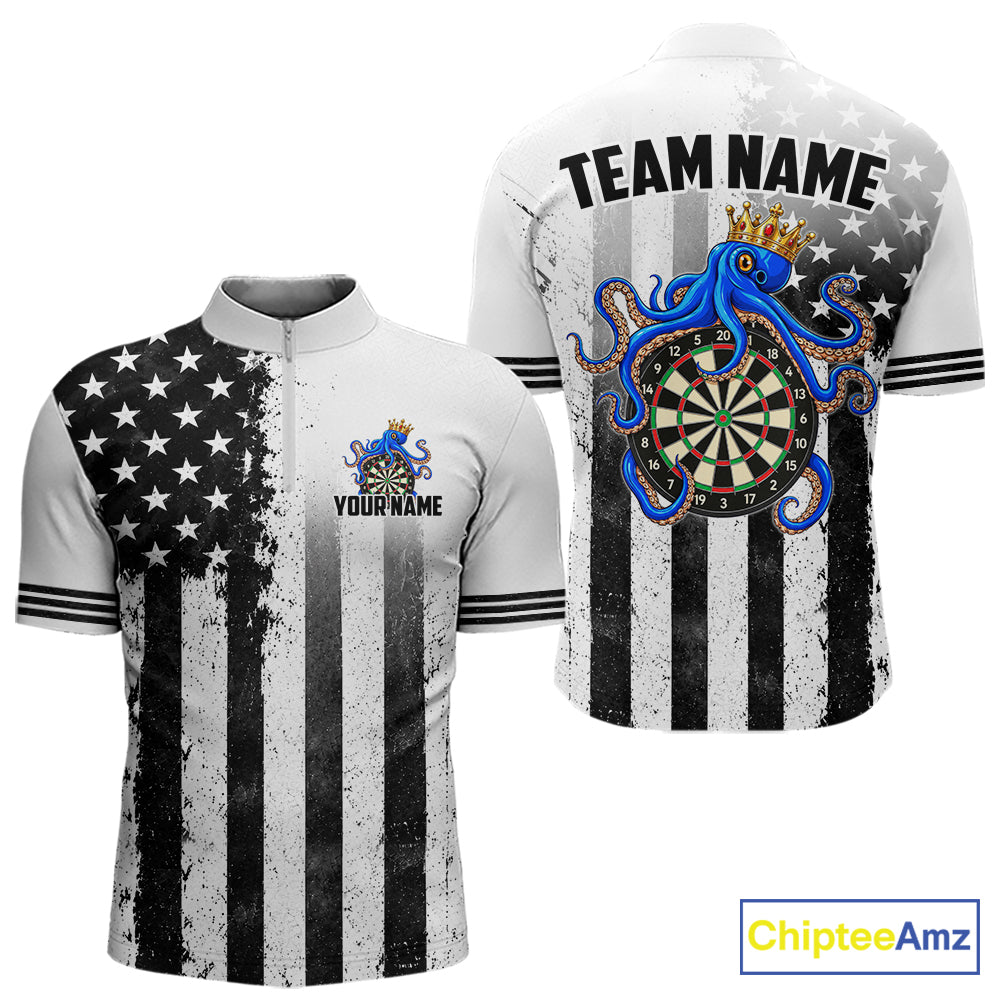 Custom Name American Flag Grunge Octopus Dart Team Jersey Patriotic Funny Darts Shirt