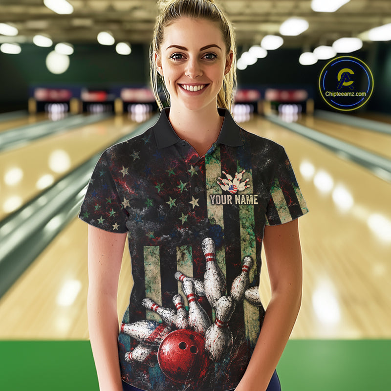 Personalized American Flag Grunge Bowling Shirt Custom Splatter Outfit Bowling Jersey