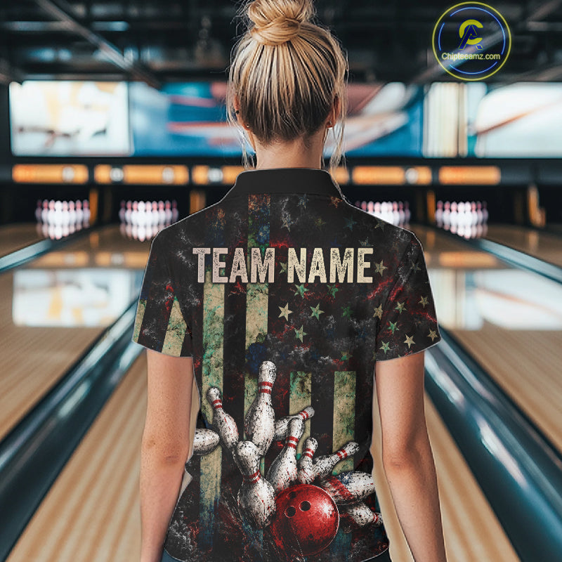 Personalized American Flag Grunge Bowling Shirt Custom Splatter Outfit Bowling Jersey